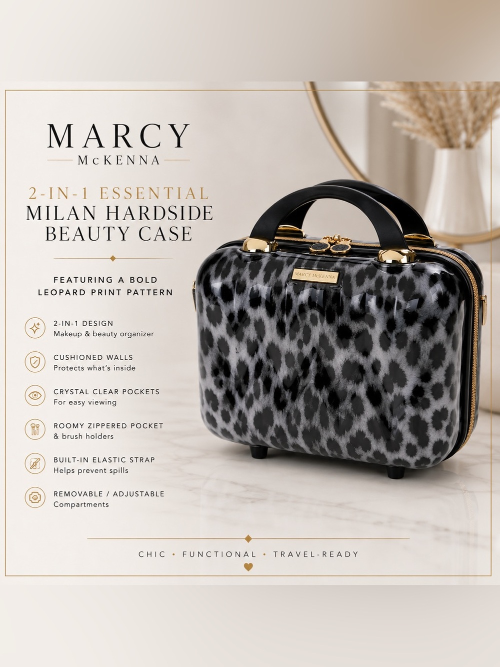 Marcy McKenna 2-in-1 Essential Milan Hardside Beauty Case Leopard NWOT